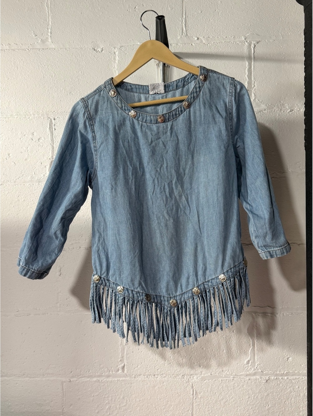 Vintage CMC 100% cotton southwestern style chambray denim fringe accent shirt